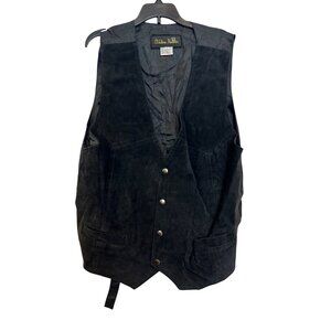 Vintage Western Frontier Black Leather Vest Mens Large Snap Buttons Adjustable S